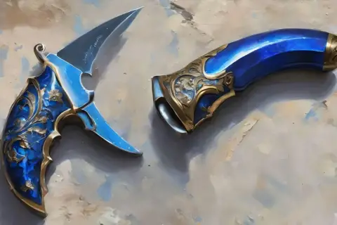 Karambit case hardened blue gem, ozdobiony złotymi ornamentami, lśni jak klejnot.