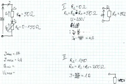 Obliczanie spadku napięcia w obwodzie z rezystancją zmienną R2. Przykład z R1=50Ω, U=200V.