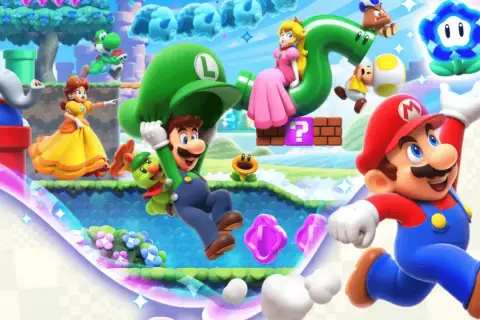 Mario Bros Wonder: Mario, Luigi, Peach, Daisy, Yoshi i inni bohaterowie w kolorowym świecie gry.
