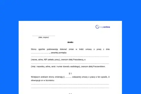 Aneks do umowy o pracę. Dokument zawiera dane pracodawcy i pracownika, a także postanowienia dotyczące zmian w umowie.