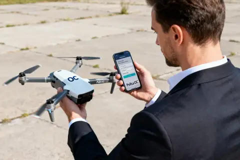 Mężczyzna w garniturze trzyma drona i smartfon z aplikacją Polisa OC. Ubezpieczenie drona OC to podstawa.
