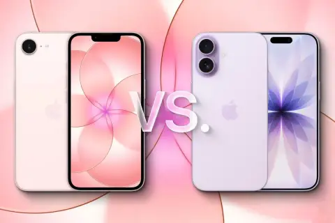 Porównanie iPhone'ów: który iPhone jest najbardziej opłacalny? Różowe i fioletowe modele iPhone'ów na tle pastelowych kształtów.