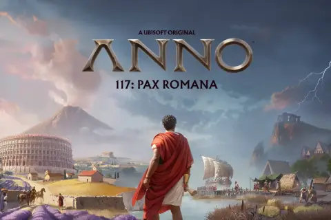 Anno 117: Pax Romana. Rzymski przywódca spogląda na krajobraz z Koloseum, wulkanem i statkiem.