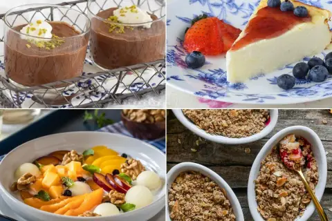 Deliciosos postres saludables: mousse de chocolate, tarta de queso con frutos rojos, ensalada de frutas y crumble de avena.