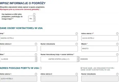 Formularz podróżny: dane kontaktowe w USA. Pytanie "Czy do USA potrzebna jest wiza?" i pola adresowe.