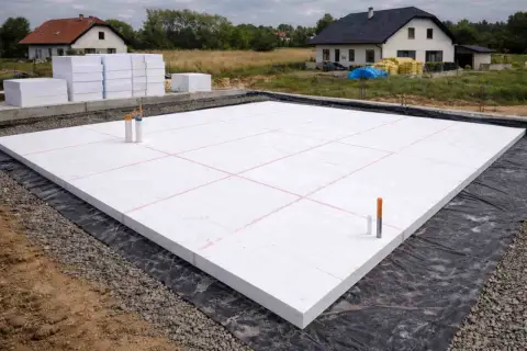 Płyta fundamentowa z białego styropianu, przygotowana do ocieplenia fundamentów. W tle domy w budowie.