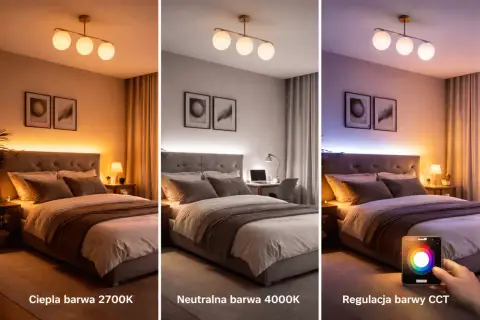 Sypialnia z łóżkiem i lampką nocną dużą, pokazująca różne barwy światła: ciepłą, neutralną i regulowaną CCT.