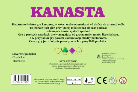 Gra karciana Kanasta, idealna na rodzinne spotkania. W pudełku 2 talie kart i instrukcja. Wiek 7+.
