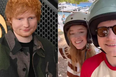 Ed Sheeran z rodziną. Na zdjęciu widać piosenkarza i parę na skuterach, być może jego dzieci.