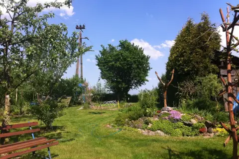 Słup energetyczny na działce, otoczony zielenią i kwitnącymi rabatami.