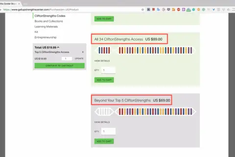 Strona sklepu Gallup. Oferta "All 34 CliftonStrengths Access" za 89 USD. Test gallupa.
