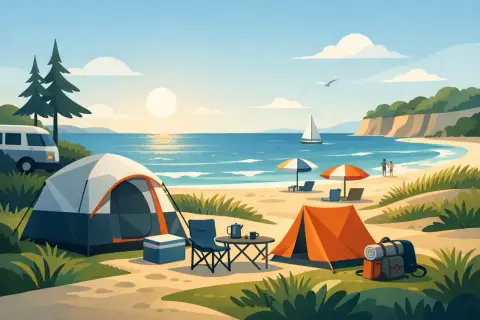 Idealny camping nad morzem: namioty, leżaki, stolik z kawą i widok na ocean. Słońce, plaża i relaks.