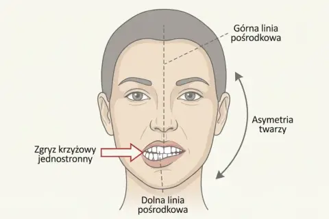 Ilustracja twarzy z zaznaczonym zgryzem krzyżowym jednostronnym i asymetrią twarzy.
