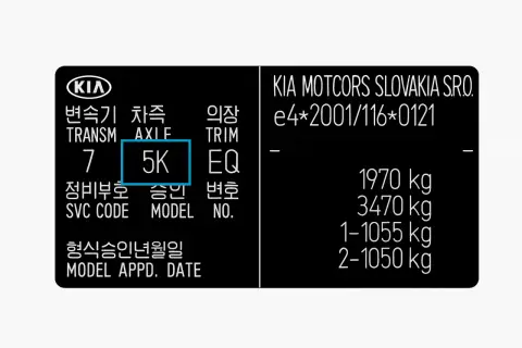 Na tabliczce znamionowej Kia, obok numeru modelu, znajduje się kod "5K". To może być klucz do tego, jak sprawdzić kod lakieru.