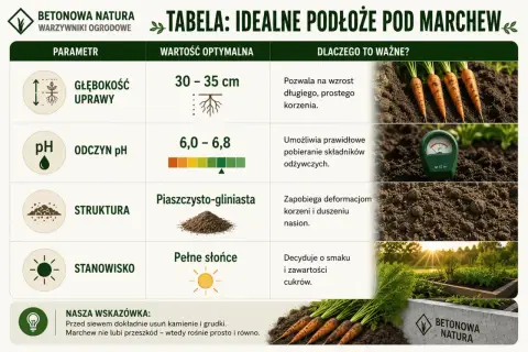 Tabela podpowiada, kiedy siać marchew: głębokość 30-35 cm, pH 6,0-6,8, gleba piaszczysto-gliniasta i pełne słońce.
