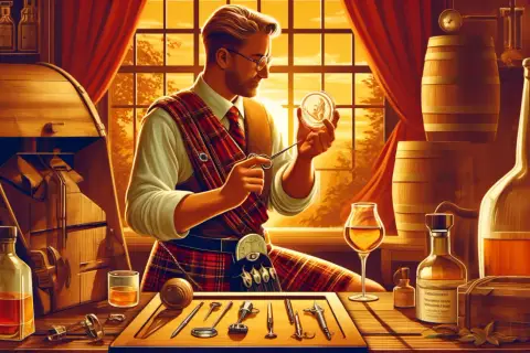 Mężczyzna w szkockiej spódnicy ocenia próbkę whisky, która może mieć objawy przesycenia dębem: zbyt gorzki i ściągający finisz.