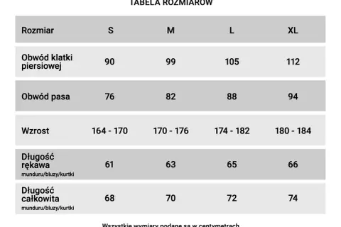Tabela rozmiarów wojskowych: obwód klatki, pasa, wzrost, długość rękawa i całkowita dla rozmiarów S, M, L, XL.