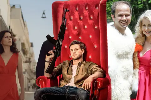 Kobieta w czerwonej sukience, mężczyzna z karabinem na tronie i para w futrach – kolaż scen ze słynnych polskich filmów.