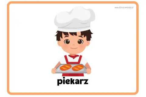 Chłopiec w czepku kucharskim trzyma tacę z dwoma bochenkami chleba. To karta pracy "Od ziarenka do bochenka", przedstawiająca piekarza.
