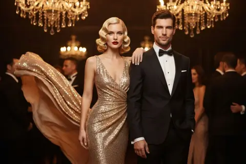 Elegancka para na imprezie w stylu hollywood. Ona w złotej sukni z cekinami, on w czarnym smokingu.
