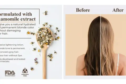 Logra aclarar el pelo de forma natural con extracto de manzanilla. Antes y después de un cabello oscuro a rubio hidratado y permanente.