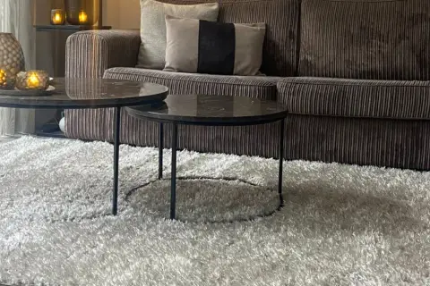 Przytulny salon z sofą w kolorze greige, dwoma stolikami kawowymi i puszystym dywanem.