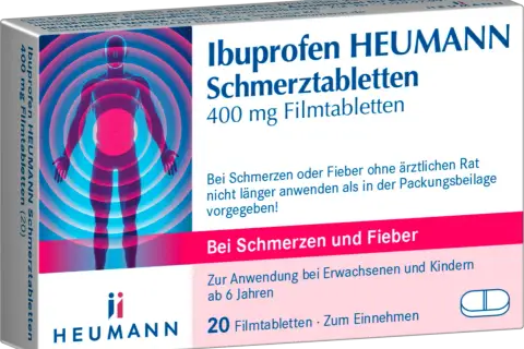 Ibuprofen HEUMANN Schmerztabletten 400 mg. Für Schmerzen und Fieber bei Erwachsenen und Kindern ab 6 Jahren. Stillzeit beachten.