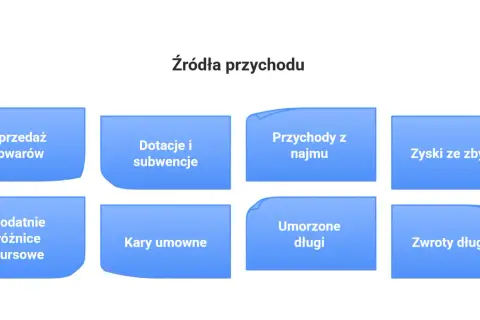 Źródła przychodu: sprzedaż towarów, dotacje, najem, zyski ze zbycia, różnice kursowe, kary, umorzone długi, zwroty długów. To wszystko wpływa na przychód firmy.