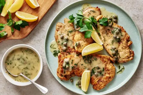 Délicieux piccata de poulet, nappé d'une sauce crémeuse aux câpres et garni de persil frais et de quartiers de citron.