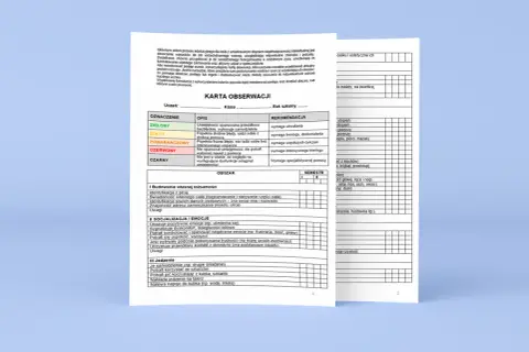 Karta obserwacji dla osoby z niepełnosprawnością intelektualną w stopniu umiarkowanym. Dokument zawiera sekcje dotyczące budowania tożsamości, socjalizacji, emocji i jedzenia.