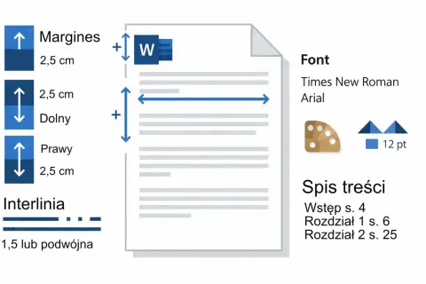 Ustawienia dokumentu: marginesy 2,5 cm, czcionka Times New Roman/Arial 12 pkt, interlinia 1,5 lub podwójna. Spis treści zawiera wstęp i rozdziały. To podstawa do stworzenia bibliografii.