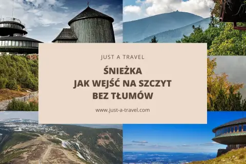 Widok na Śnieżkę, najwyższy szczyt Sudetów, z charakterystycznymi budynkami i krajobrazami górskimi.