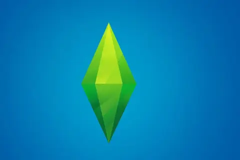 Zielony, geometryczny symbol na niebieskim tle. To logo The Sims 4, idealne do wyszukiwania kodów do gry.