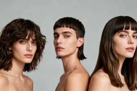 Tres modelos con diferentes peinados, uno con un corte moderno que incluye un pico de viuda, posan ante un fondo gris.