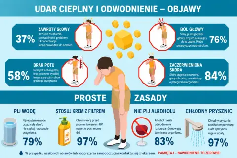 Objawy odwodnienia: zawroty głowy, ból głowy, brak potu, zaczerwieniona skóra. Pij wodę, stosuj krem z filtrem, unikaj alkoholu, bierz chłodne prysznice.