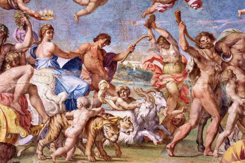 Triumfalny pochód postaci z mitologii, z tygrysem i kozłem, ukazujący bogactwo mitologizmu w sztuce.