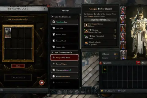 Diablo 4 nowy sezon: w Kostce Horadrymów wybierasz "Unikalne Przerobienie Mocy", by losować wartości unikalnych przedmiotów.