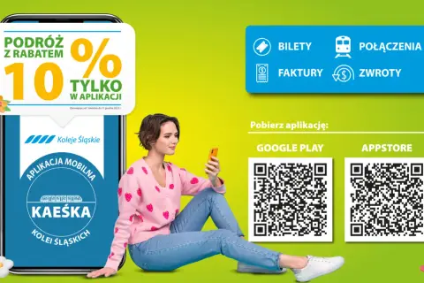 Kobieta z telefonem szuka promocji PKP. Aplikacja Kolei Śląskich oferuje 10% rabatu na podróże.