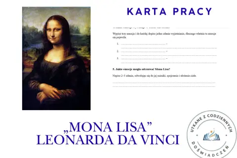 Opis obrazu: "Mona Lisa" Leonarda da Vinci na karcie pracy.