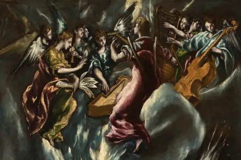 Angels play music in the heavens, a scene that captures the spiritual el greco meaning.