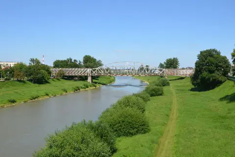 Metalowy most kratownicowy nad rzeką, otoczony zielonymi brzegami i drzewami.
