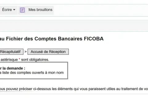 Formulaire de demande d'accès au fichier FICOB A pour consulter la liste des comptes bancaires ouverts à votre nom.