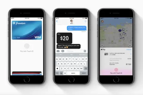 Jak płacić Apple Pay? Trzy iPhone'y pokazują różne etapy płatności: karta, wiadomość z prośbą o pieniądze i potwierdzenie płatności Lyft.