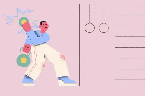 Ilustracja mężczyzny ćwiczącego z hantlami obok drabinki gimnastycznej.