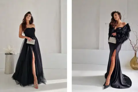 Eleganckie, błyszczące szpilki i sandałki na obcasie to idealne buty do czarnej sukienki na specjalne okazje.