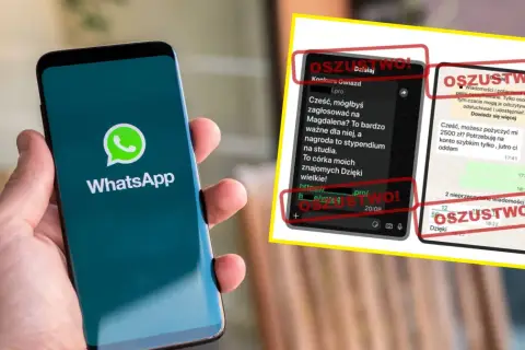 Czy nowe przepisy o bezpieczeństwie sieciowym pozwolą na inwigilację komunikatorów? Na ekranie telefonu WhatsApp widać oszustwo - prośba o głosowanie i pożyczkę.