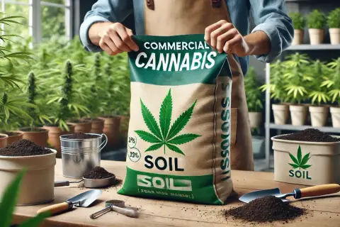 Un sacco di terra per marijuana, con una foglia di cannabis verde, pronto per la coltivazione.