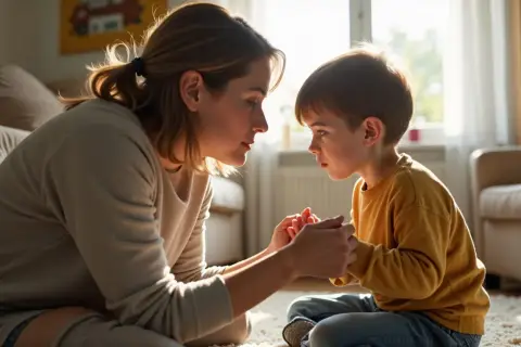 Mama czule trzyma dłonie syna, rozmawiając z nim o tym, jak oduczyć dziecko przeklinania.