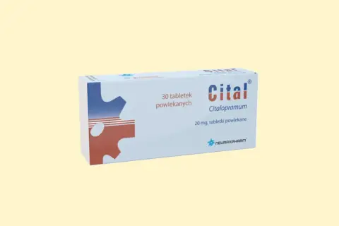 Opakowanie leku Citalopram, zawierające 30 tabletek powlekanych po 20 mg.