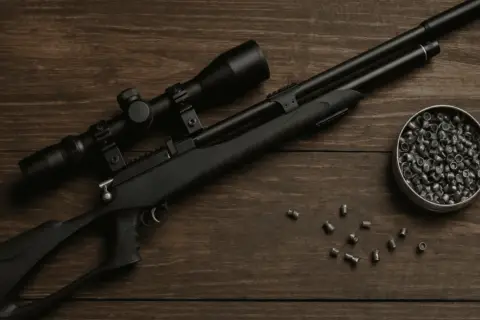 Carabine à air comprimé avec lunette et boîte de plombs, un exemple de la meilleur marque d'arme à feu pour le tir de précision.